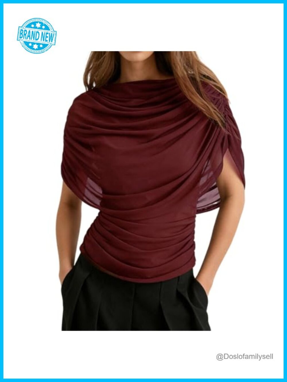 Women's Draped Half Cape Sleeve Ruched Waist Sheer Mesh Top